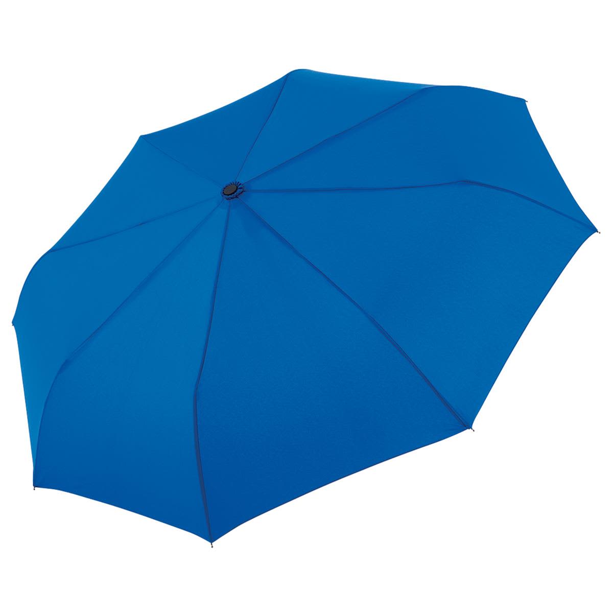 A blue compact umbrella with a simple design and a black button at the top, featuring a logo.