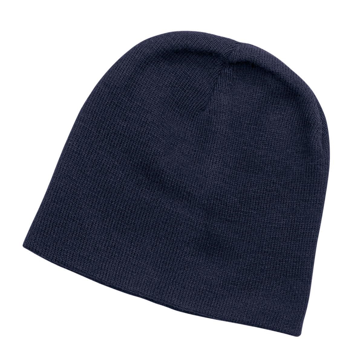 Skull Beanie LE-4240 A navy beanie hat with a simple design and a soft texture. It features a small logo.