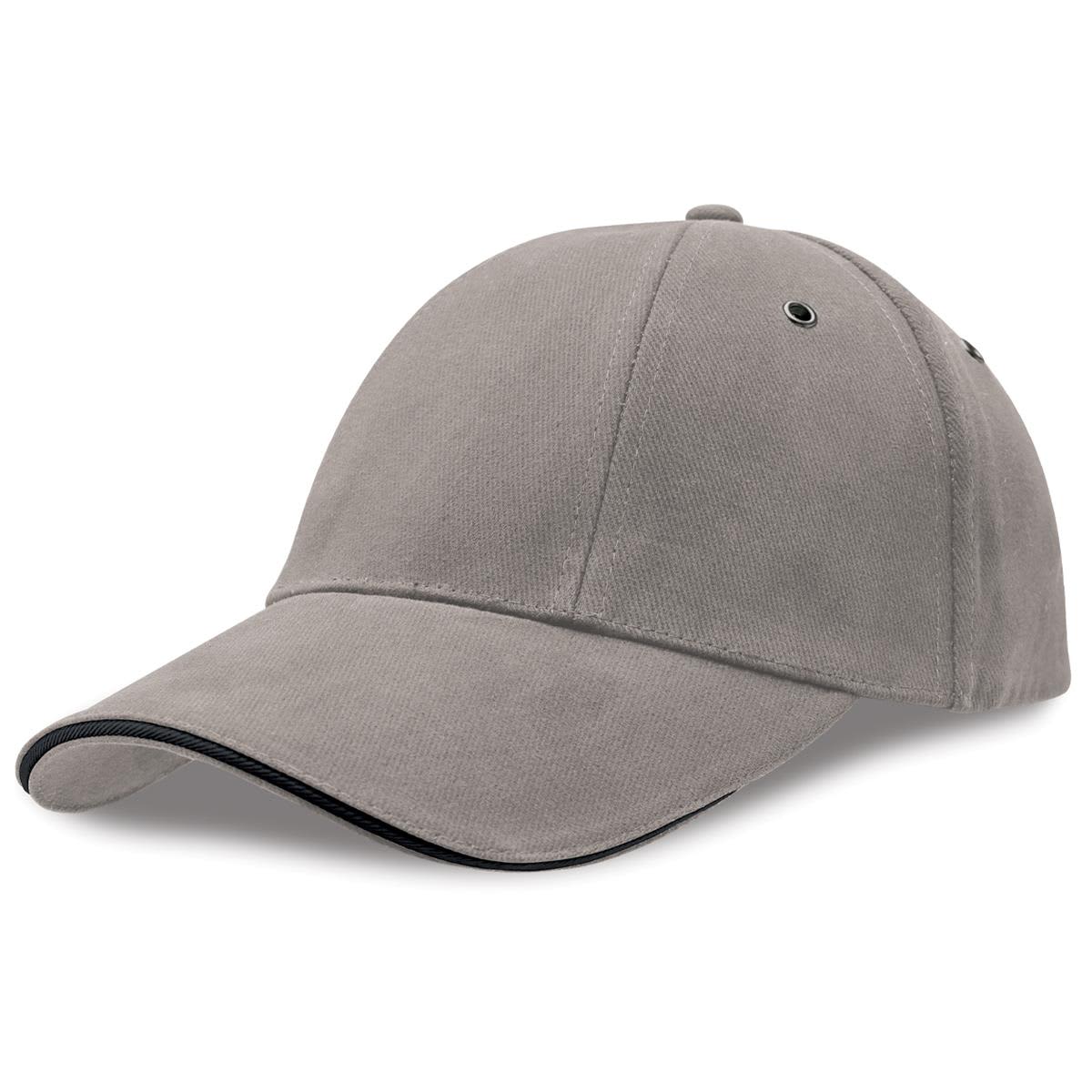 Rotated Sandwich Peak Cap LE-4290 A grey cap with a curved brim and contrasting trim, featuring a logo on the side.