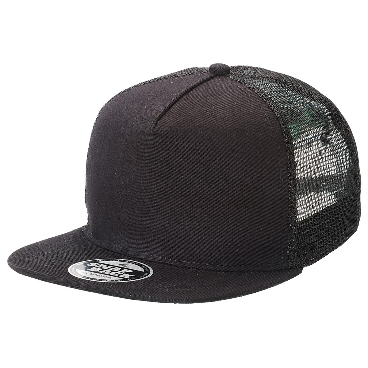 Chino Flat Peak Trucker LE-4394 A black trucker cap with a flat peak and mesh back, featuring a logo on the front.