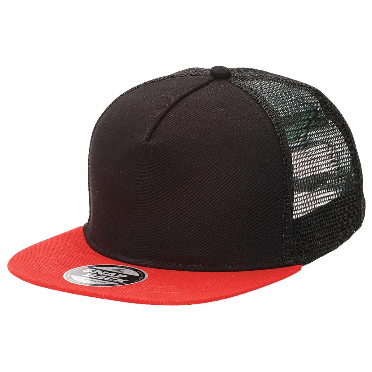 Chino Flat Peak Trucker LE-4394 A black and red Chino Flat Peak Trucker cap featuring a mesh back and a round logo on the front.