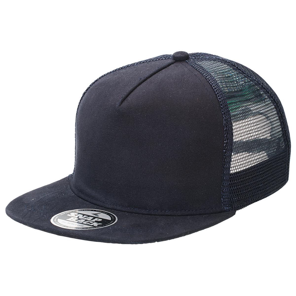 Chino Flat Peak Trucker LE-4394 A navy Chino Flat Peak Trucker cap featuring a solid front panel and mesh back, with a logo on the front.