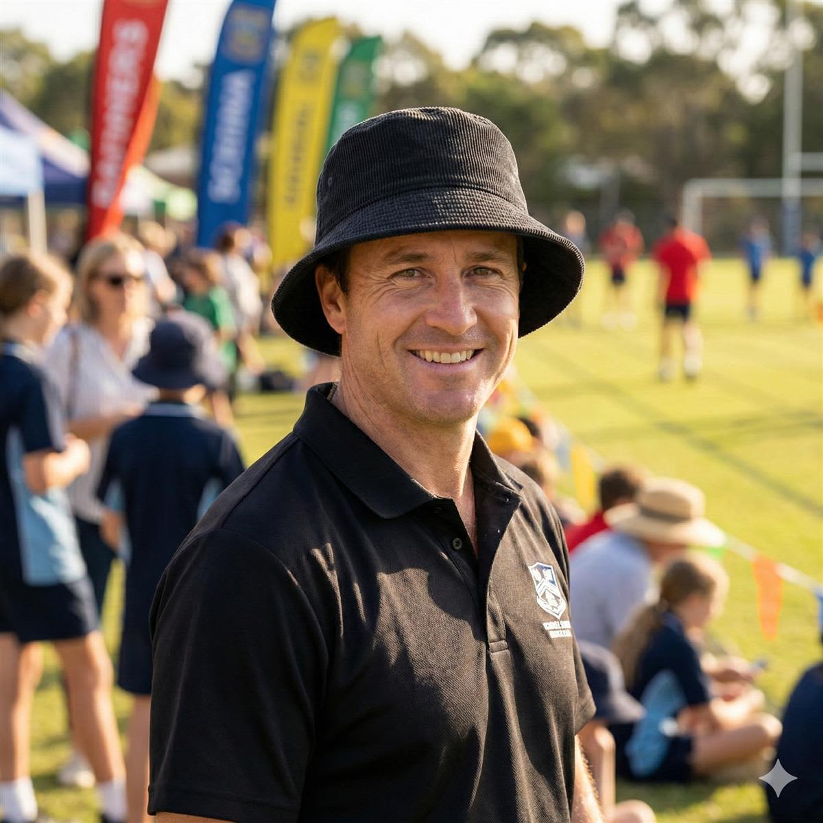Leroy Cord Bucket Hat LE-4485 A man wearing a black Leroy Cord Bucket Hat smiles at a sports field, with people and tents in the background.