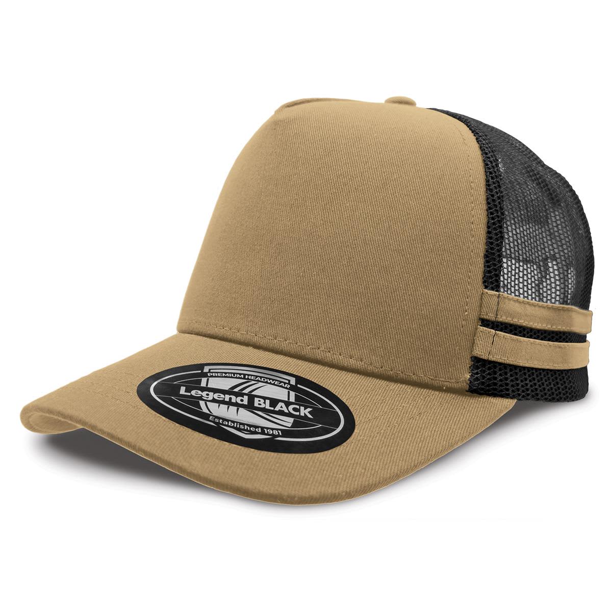 Striped Trucker LE-7050 A khaki and black striped trucker cap featuring a mesh back and a circular logo on the front.