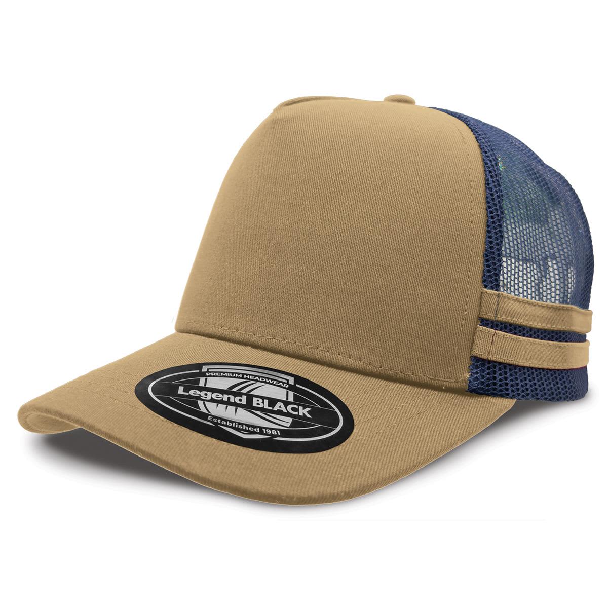 Striped Trucker LE-7050 A tan and blue striped trucker cap with a logo on the front. The cap features mesh panels for ventilation.