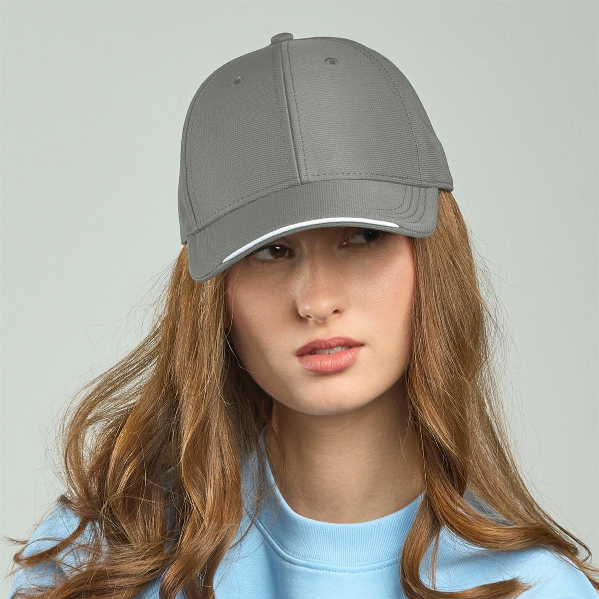 Estoril-S Cap - Recycled Polyester LE-A1310 A grey cap made from recycled polyester, featuring a contrasting white brim and a logo on the front.