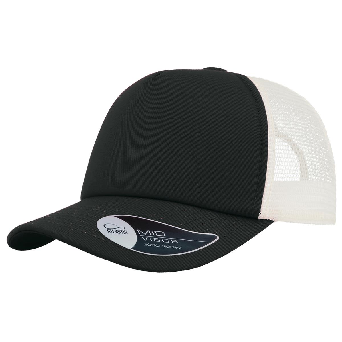 Record Trucker LE-A2000 A black trucker cap with a mesh back, featuring a mid visor and logo on the side.
