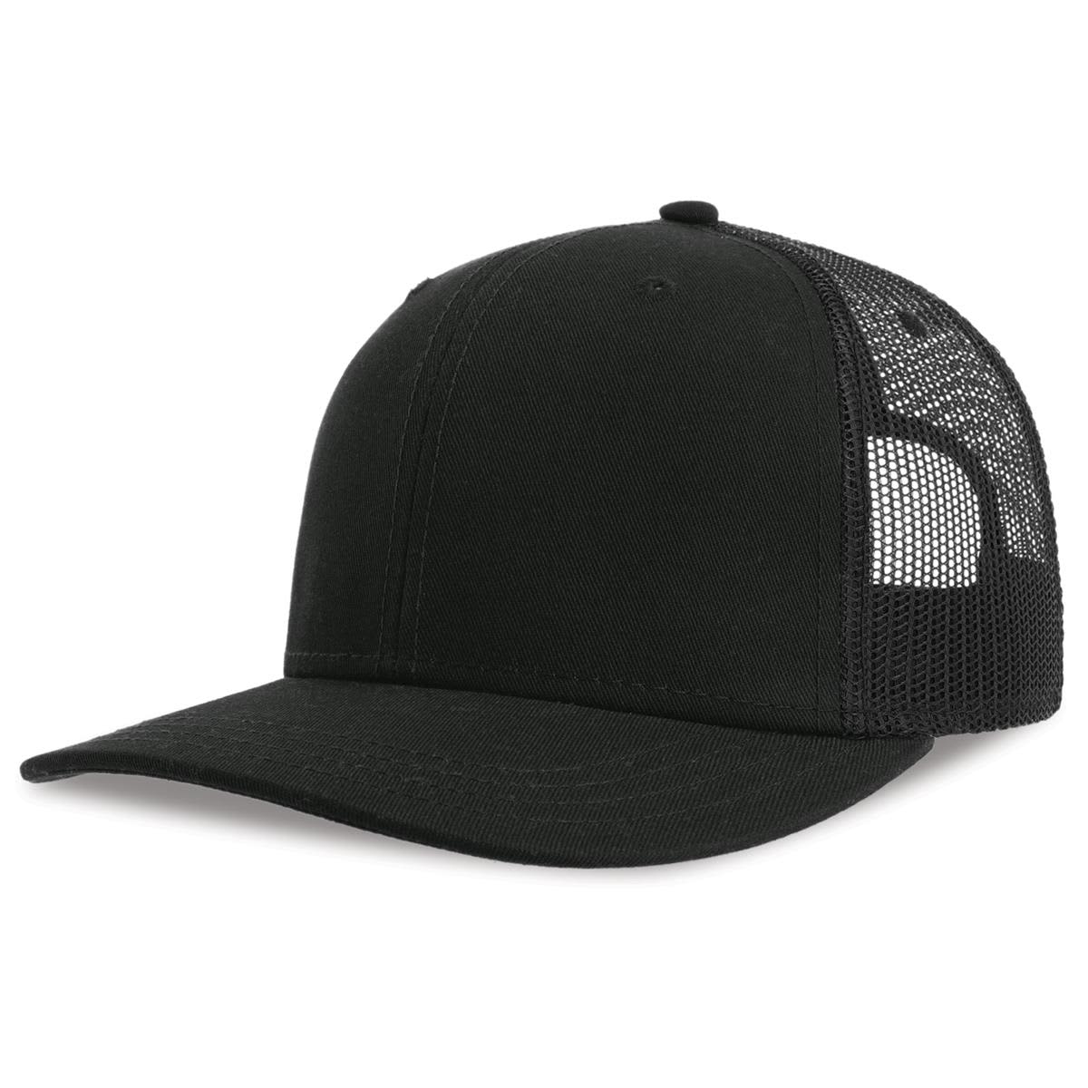 Sonic-S Organic/Recycled Trucker LE-A2410 A black trucker cap with a solid front and mesh back, featuring a logo on the side.