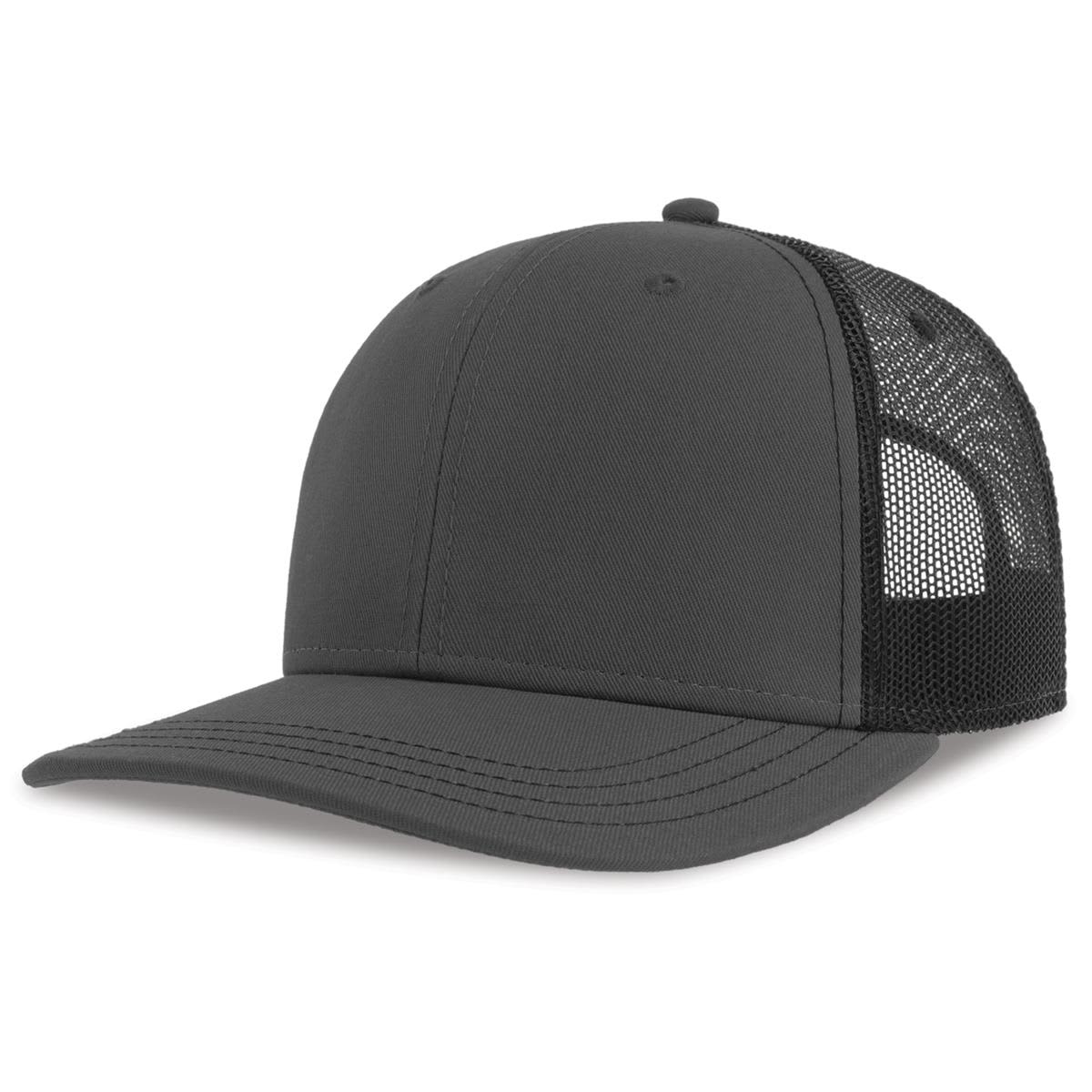 Sonic-S Organic/Recycled Trucker LE-A2410 A dark grey trucker cap featuring a solid front panel and mesh back. It includes a branding logo.