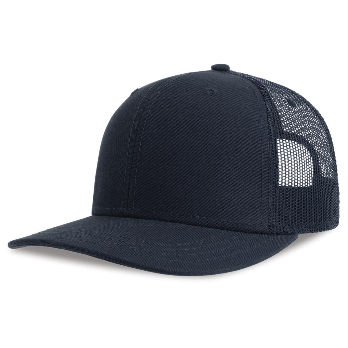 Sonic-S Organic/Recycled Trucker LE-A2410 A navy trucker cap with a solid front and breathable mesh back, featuring a logo on the side.