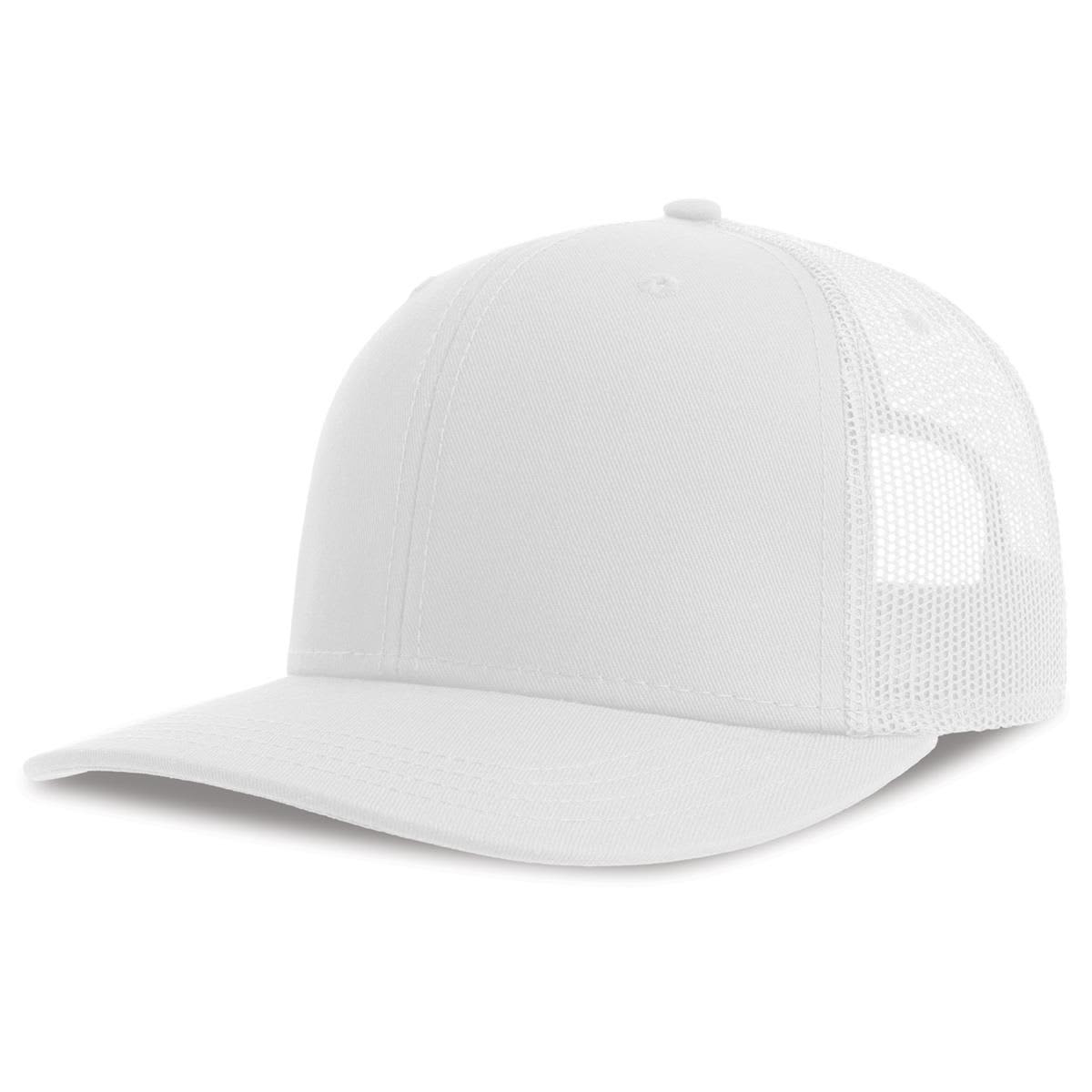 Sonic-S Organic/Recycled Trucker LE-A2410 A white trucker cap featuring a solid front and mesh back, with a logo on the front.