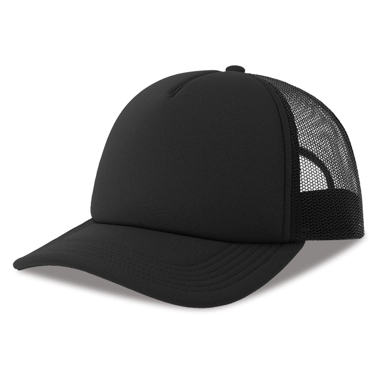 Rapper-S Recycled Polyester LE-A2510 A black trucker cap made from recycled polyester, featuring a solid front and mesh back, complete with a logo.