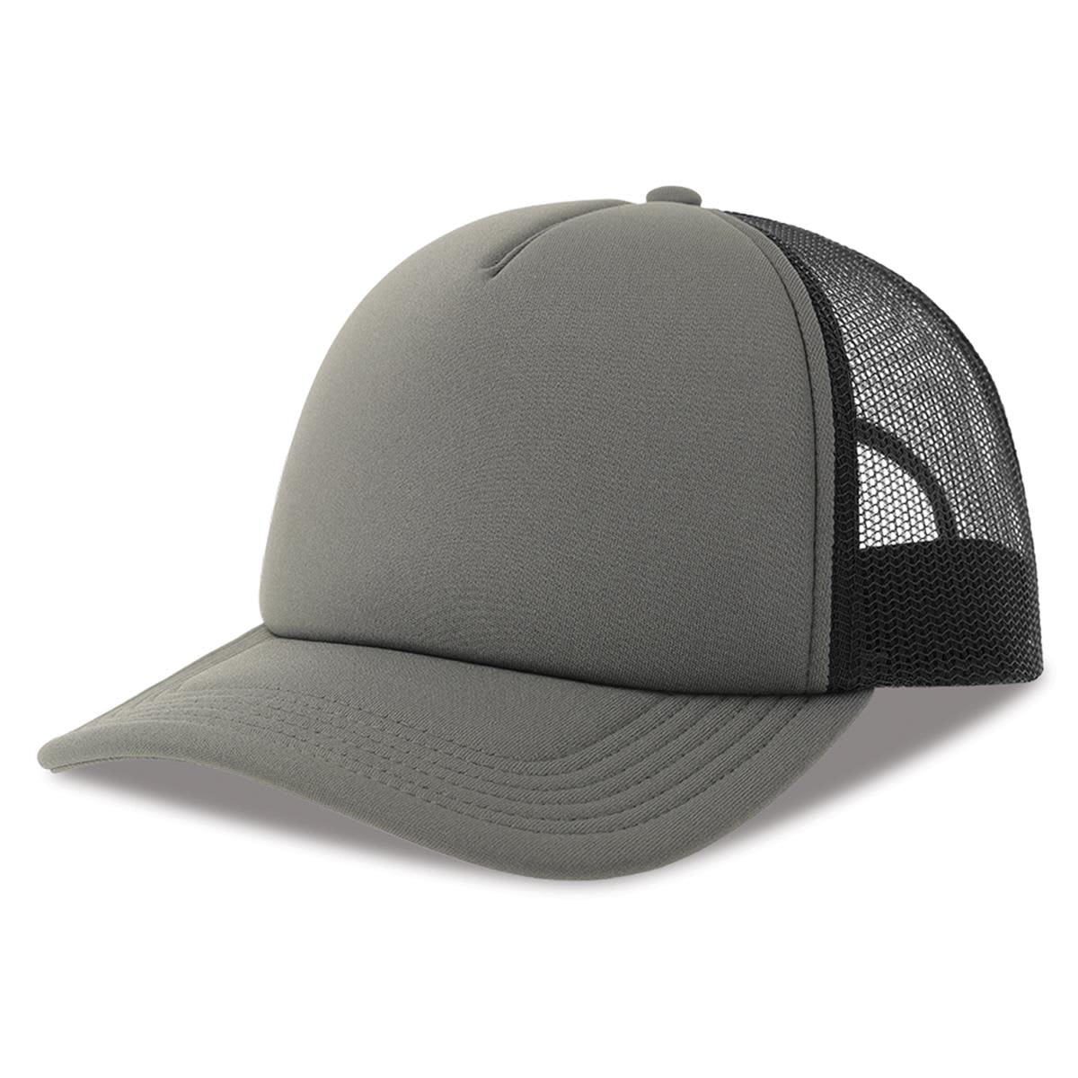 Rapper-S Recycled Polyester LE-A2510 A grey trucker cap with a solid front and mesh back, featuring a logo on the front.