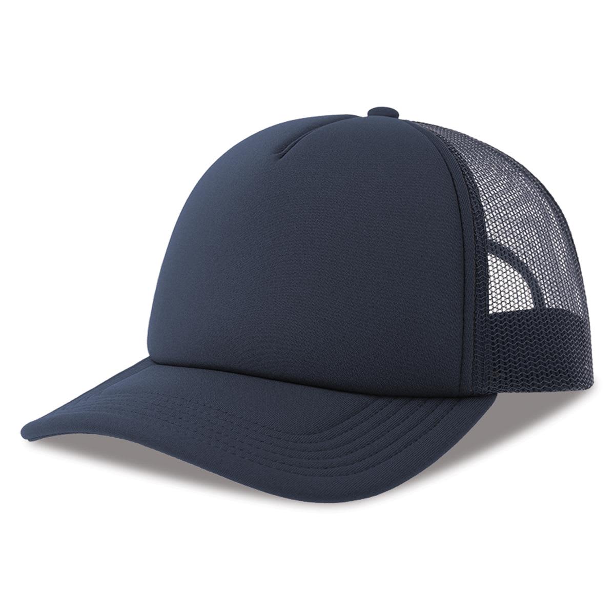 Rapper-S Recycled Polyester LE-A2510 A navy trucker cap made from recycled polyester, featuring a mesh back and a curved brim.