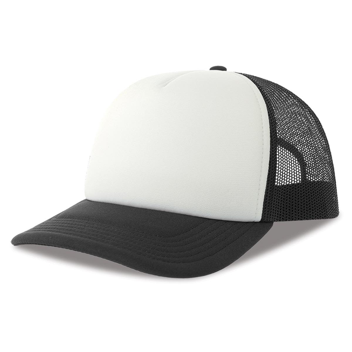 Rapper-S Recycled Polyester LE-A2510 A trucker cap featuring a white front panel and a black brim with a mesh back. The cap includes a logo.