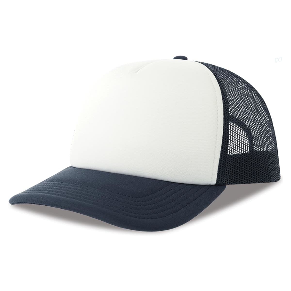 Rapper-S Recycled Polyester LE-A2510 A trucker cap with a white front panel and navy blue brim and mesh sides, featuring a logo.