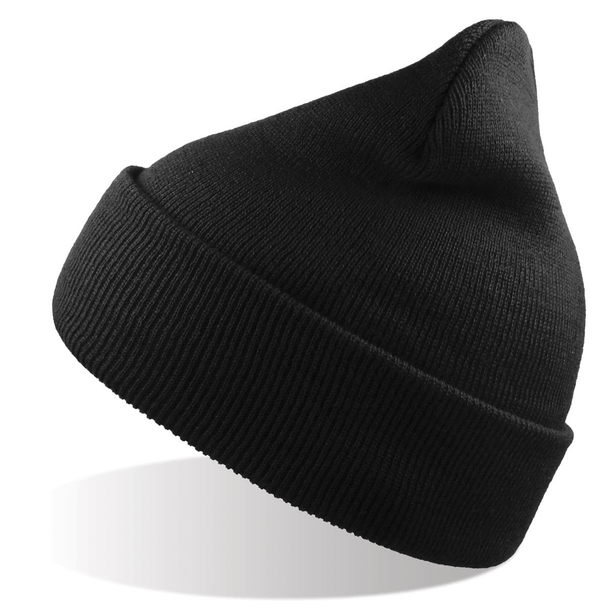 Wind-S Beanie - Recycled Polyester LE-A4310 A black beanie with a pointed top made from recycled polyester, featuring a logo.