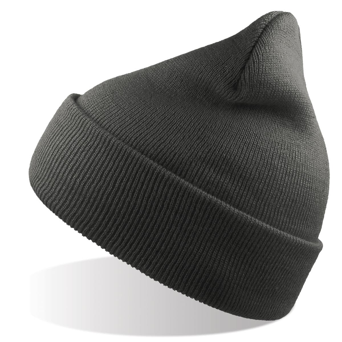 Wind-S Beanie - Recycled Polyester LE-A4310 A grey beanie made from recycled polyester, featuring a ribbed texture and a folded cuff. It has a logo on it.