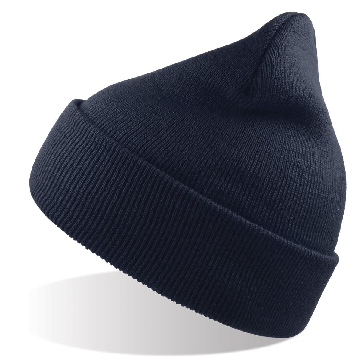 Wind-S Beanie - Recycled Polyester LE-A4310 A blue beanie made from recycled polyester with a ribbed texture and a pointed top. It features a branding logo.
