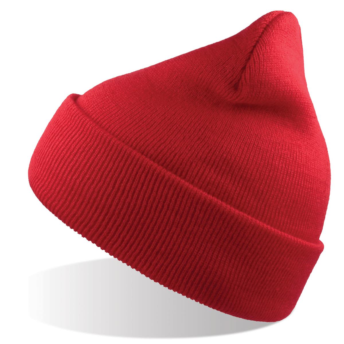 Wind-S Beanie - Recycled Polyester LE-A4310 A red beanie made from recycled polyester, featuring a fold-up brim and a pointed top. It has a logo.