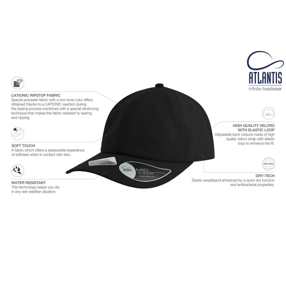 Energy LE-A7700 A black cap made from water-resistant ripstop fabric, featuring an elastic loop and a logo.