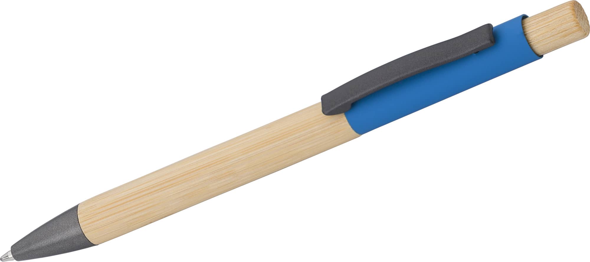 A bamboo ballpen with a blue grip and grey clip, featuring a natural bamboo barrel.