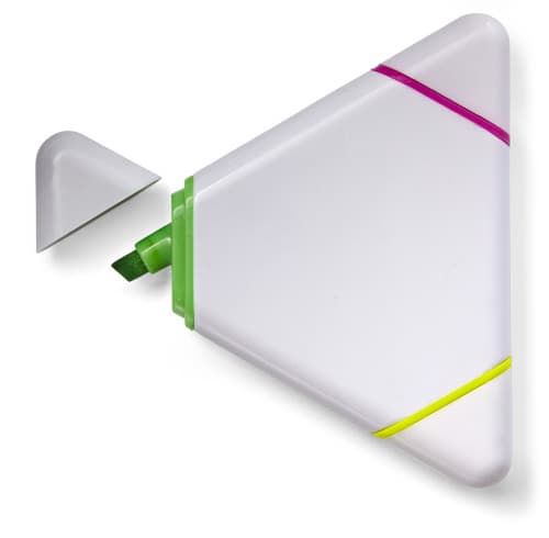 A triangular ABS highlighter in white with green, yellow, and pink accents, featuring a removable cap.