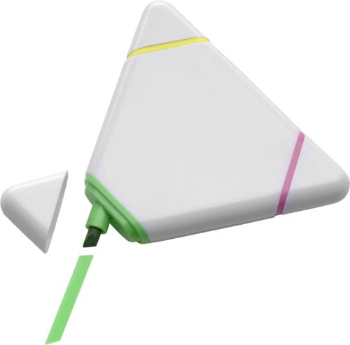A triangular highlighter in white, featuring green, pink, and yellow accents, with a removable cap.
