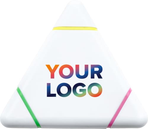A triangular white text highlighter featuring yellow, pink, and green highlighting sections, with a logo on the front.