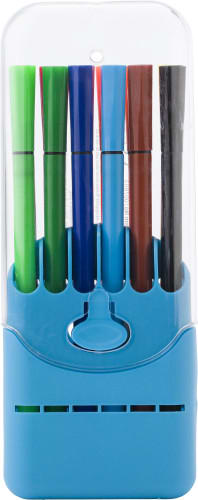 A container of 12 water-based felt tip pens in various colours, including green, blue, brown, red, black, and a blue casing.