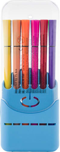 A set of 12 water-based felt tip pens in various vibrant colours, presented in a blue storage case with a logo.