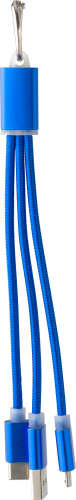 A blue aluminium alloy cable set with multiple connectors, featuring a sleek design and a branded cap.