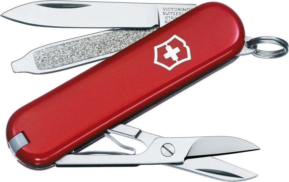 Victorinox pocket knife with seven functions: toothpick, scissors, tweezers, nail file, screwdriver (2.5 mm), key ring, and a small blade. Individually packaged in gift box.