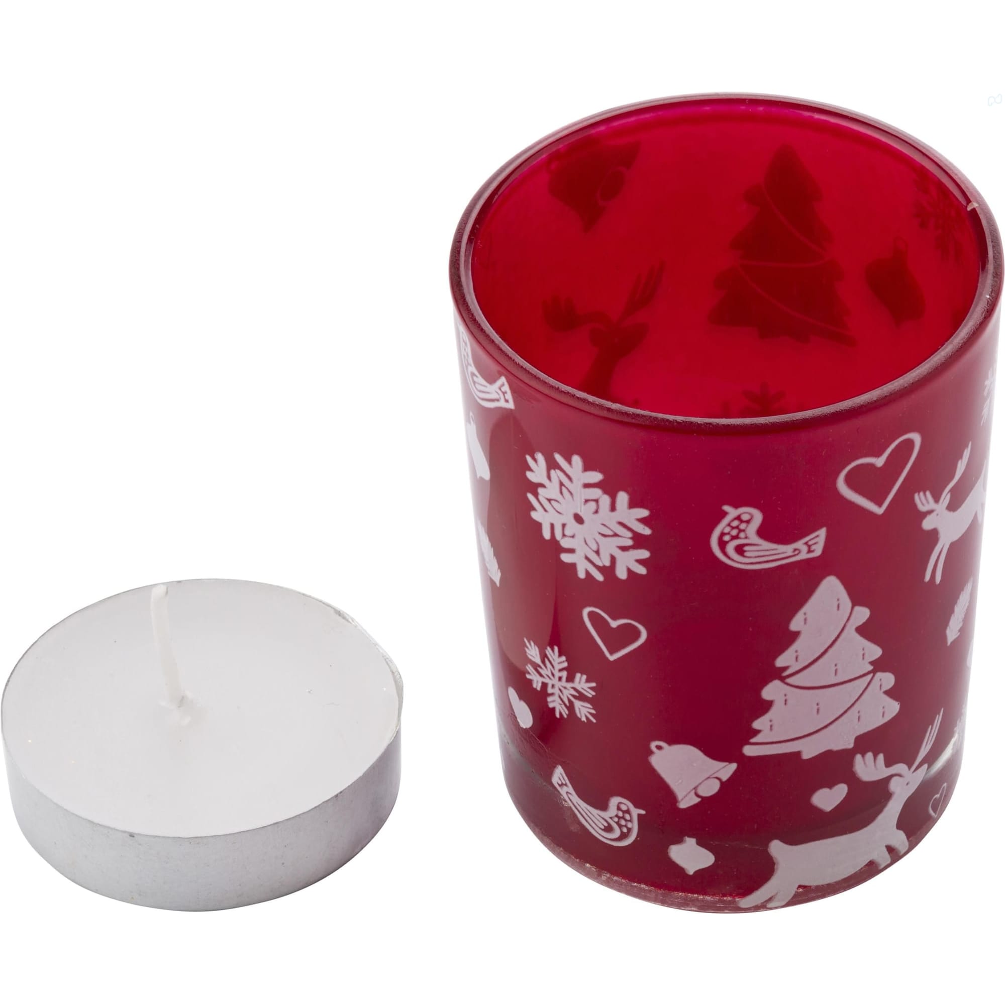 Glass candle holder with Christmas decorations