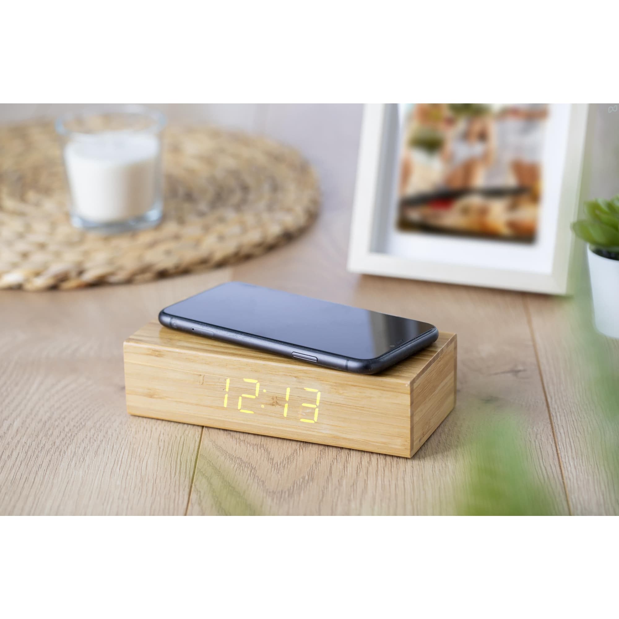 Bamboo wireless charger and clock