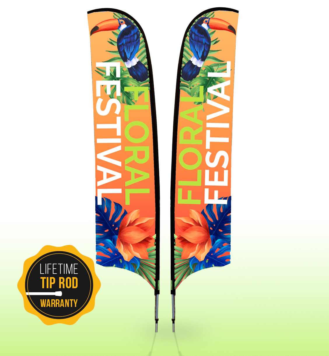 Large double-sided feather banner featuring vibrant floral designs in orange and green, with a logo at the bottom.