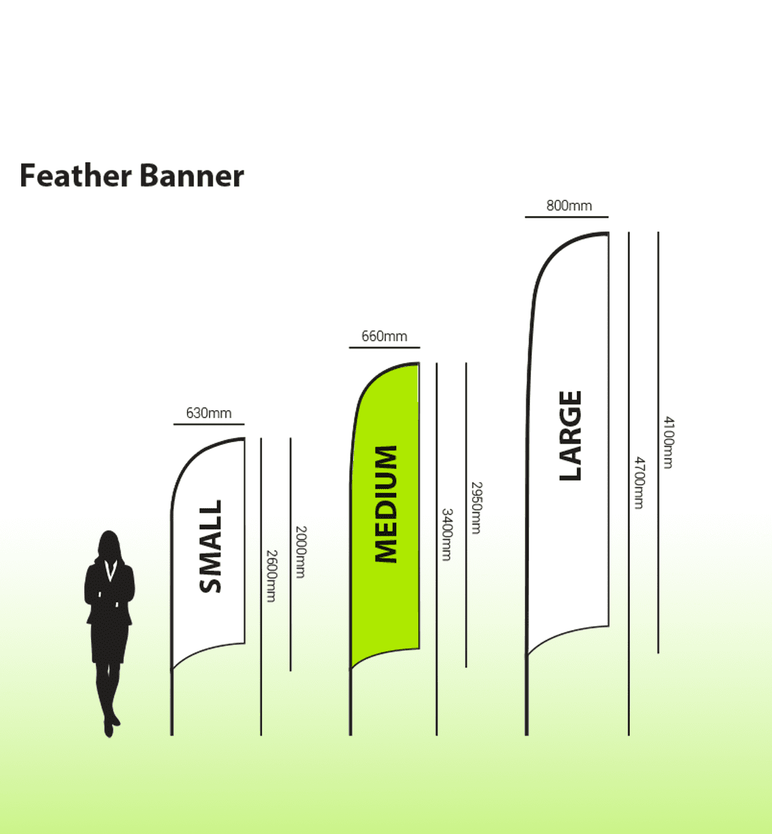 A diagram of medium double-sided feather banners in green and black, showcasing size comparisons to small and large banners.