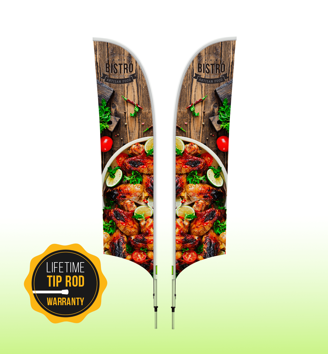 Medium double-sided feather banners featuring vibrant images of grilled chicken and fresh vegetables, with a logo at the base.