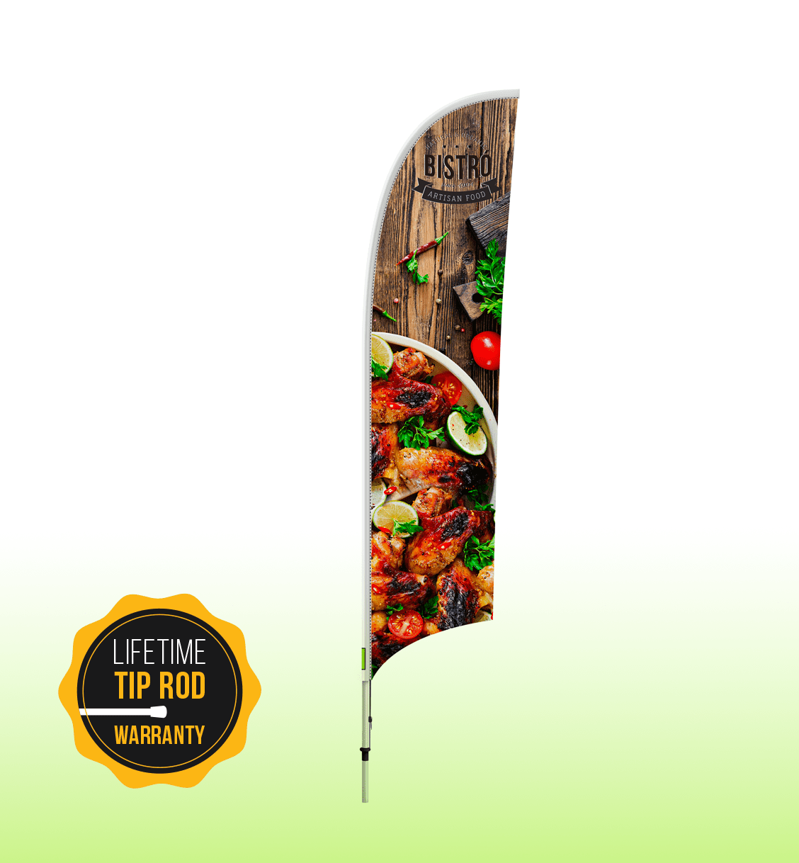 A promotional medium single-sided feather banner featuring food imagery and natural wood background. It includes a logo.