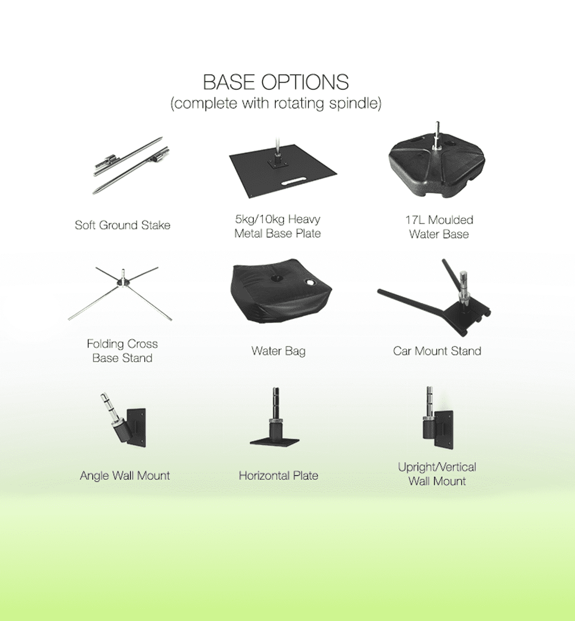 Base options for a feather banner display, including various weights and mounting styles in grey and black.