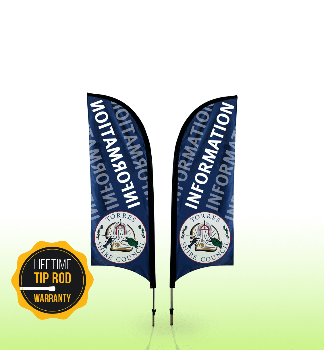 Two small double-sided feather banners in blue with a logo, displaying the word "INFORMATION".