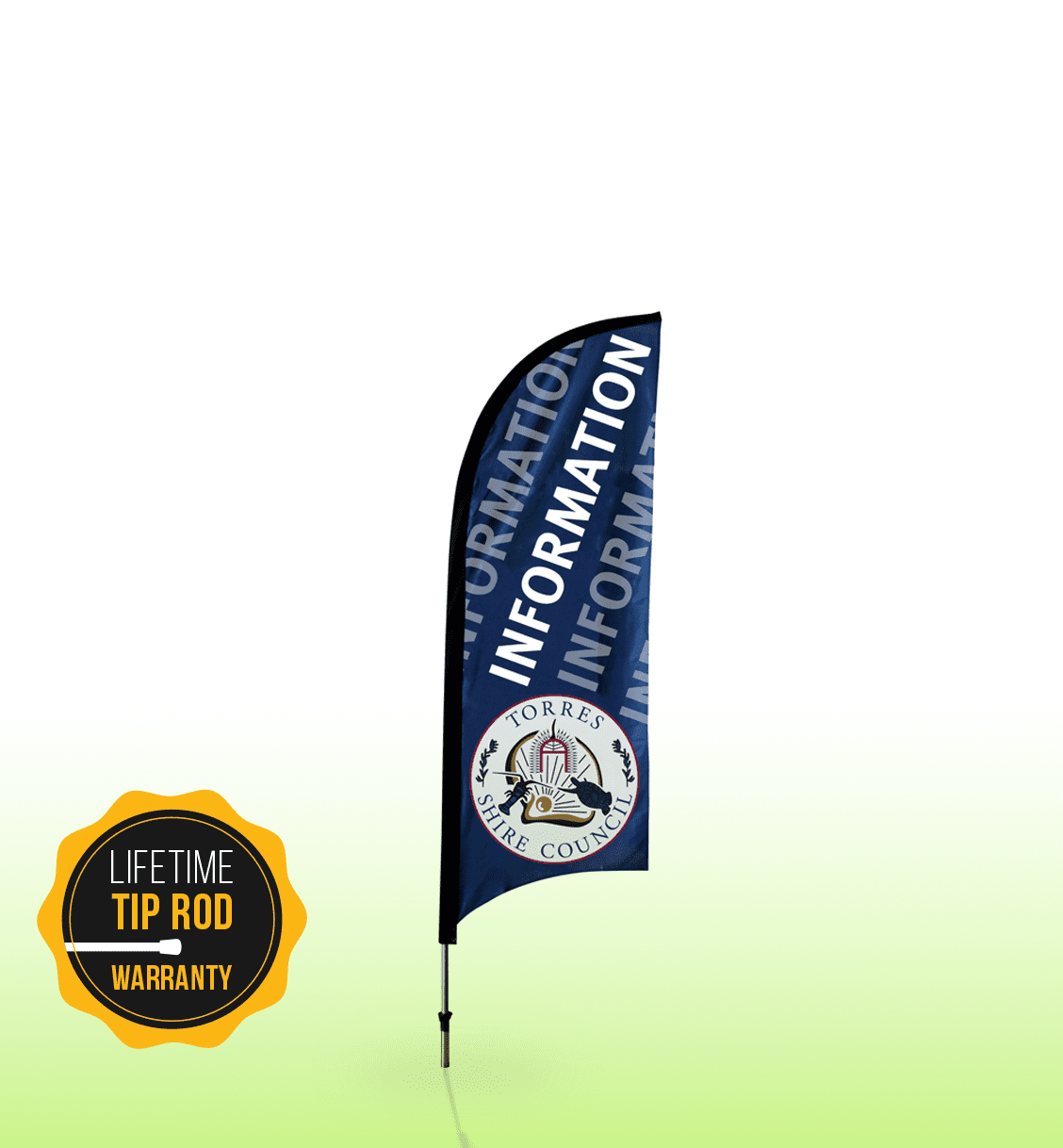 A small, blue feather banner with the word "INFORMATION" and a logo at the bottom. It features a pole for mounting.