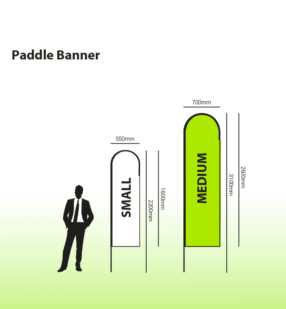 A medium feather bow flag with measurements, featuring a simple design and a vibrant green colour.
