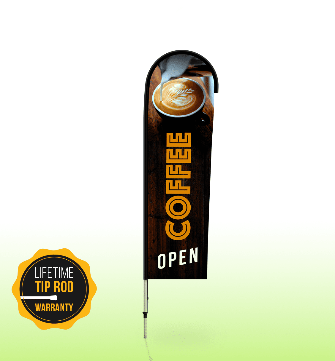 A medium single-sided paddle banner featuring a coffee design and a logo, predominantly in brown and yellow tones.