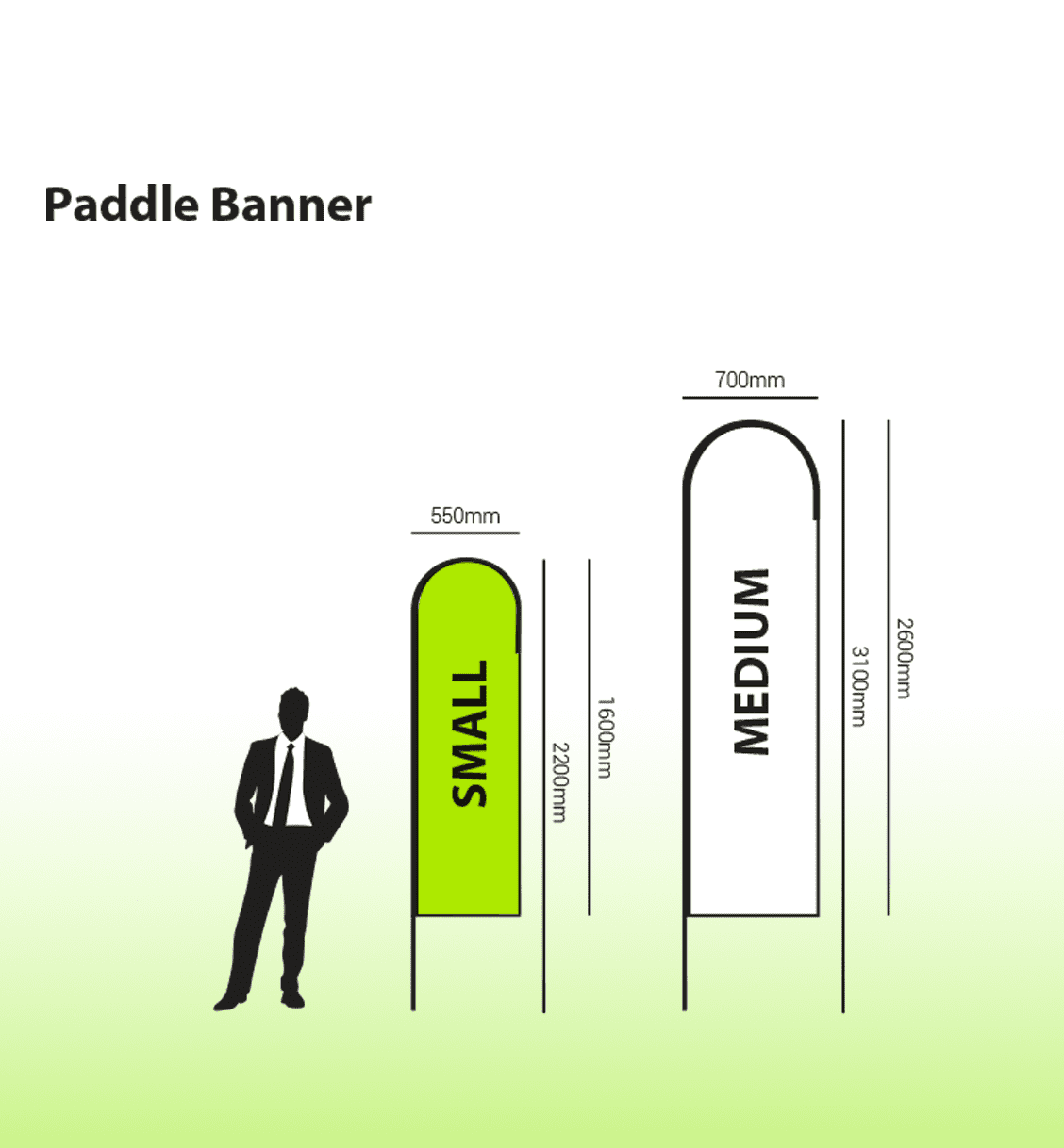 A small single-sided paddle banner in bright green, featuring measurements alongside a silhouette of a person.