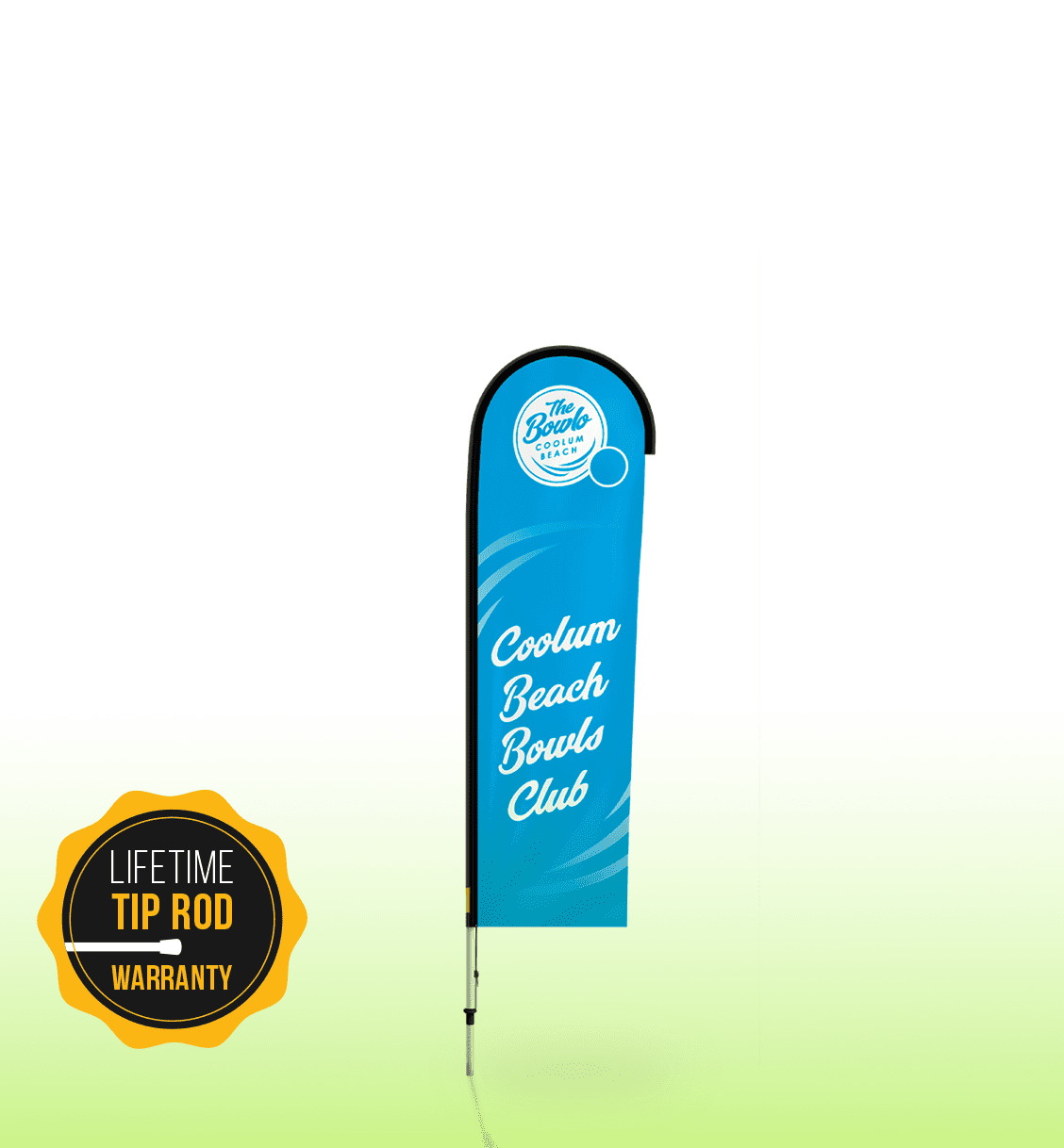 A small feather bow flag in blue with a round top, featuring a logo and a branding element.