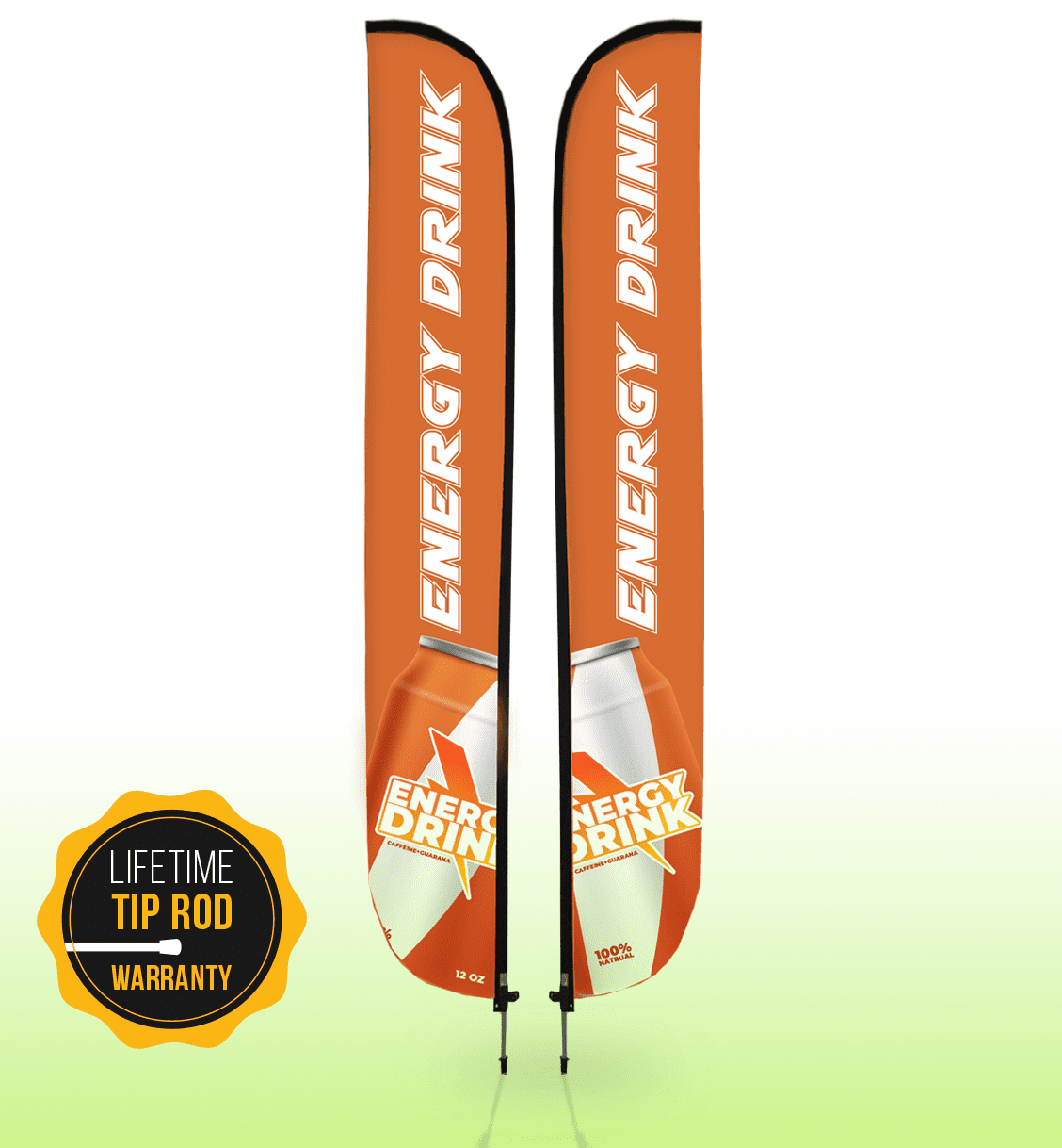 Large double-sided feather bow flags in bright orange, featuring a logo and promotional text for an energy drink.