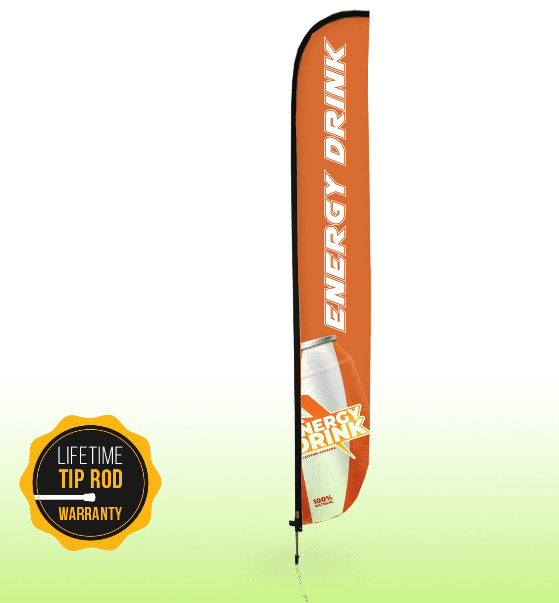 A large, single-sided feather bow flag in orange featuring a beverage design and a logo.