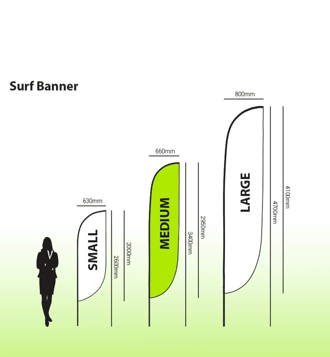 A diagram displaying the sizes of SURF BANNERS, including small, medium, and large options, with measurements.