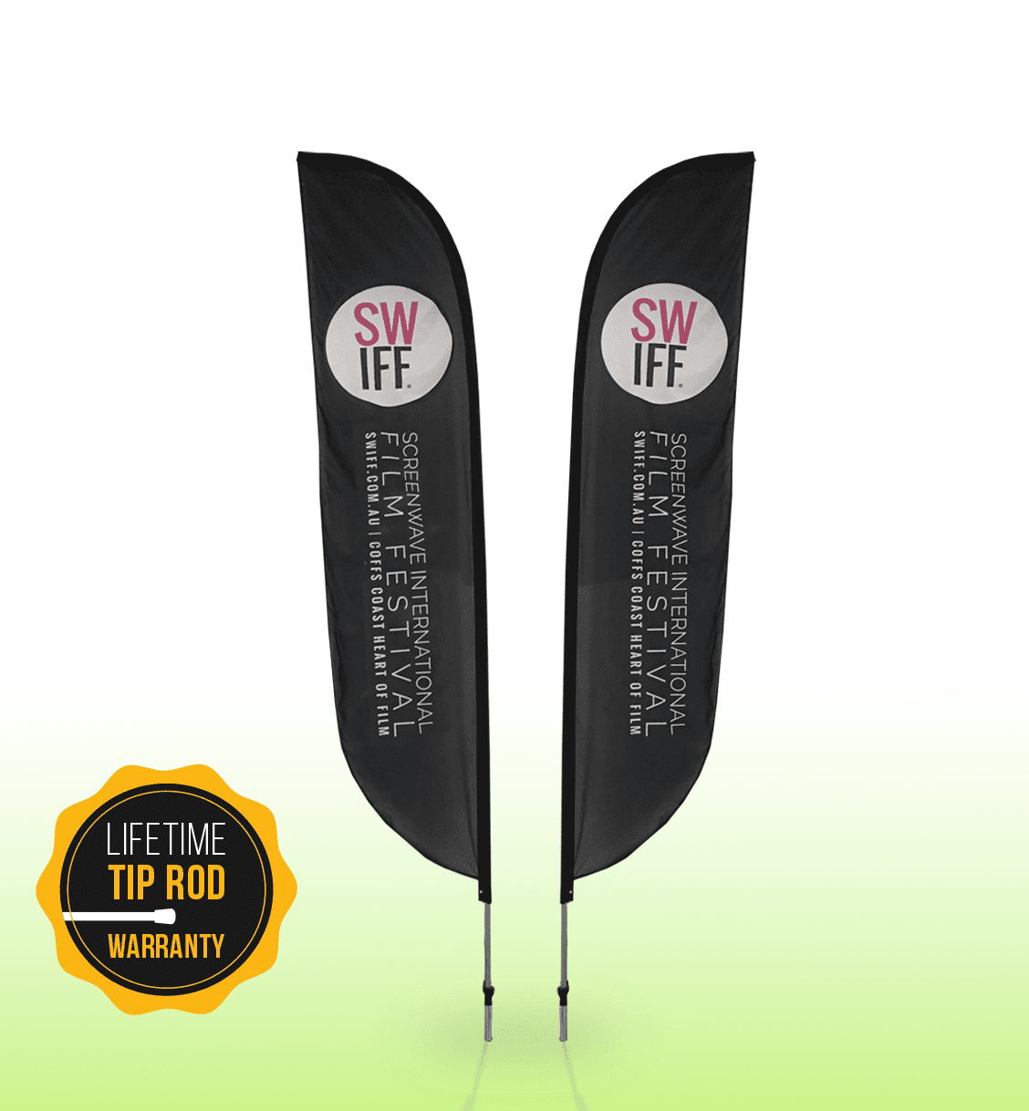 Two medium double-sided banners in black with a logo at the top and a white background.